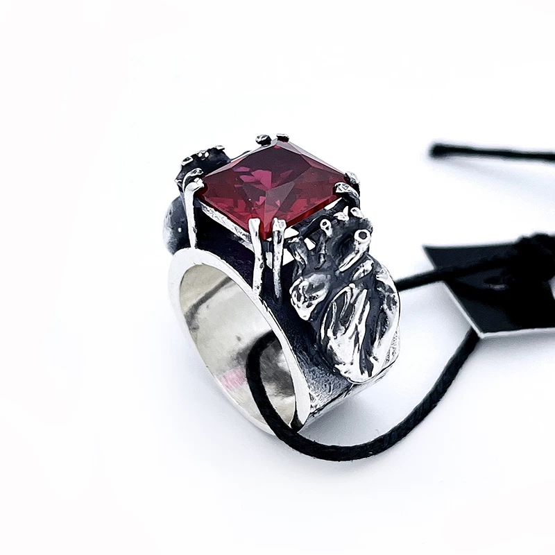 Synthesized ruby heart, ring handmade, 925 sample silver, anatomy