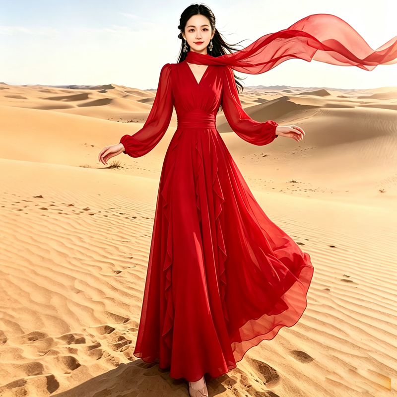 Red V-Neck Long-Sleeved Dress for Women, Waist-Cinching, Slimming, Long Skirt with a Large Hem, Holiday Style Elegant Long Dress Red V-Neck Long-Sleeved Dress for Women, Waist-Cinching, Slimming, Long Skirt with a Large Hem, Holiday Style Elegant Long Dress