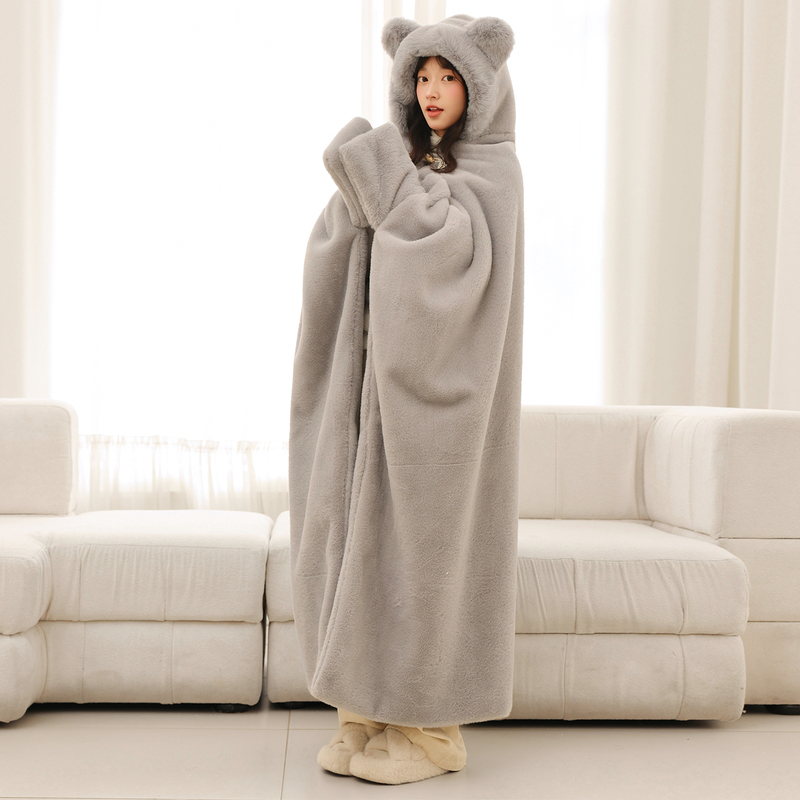 Plush Hooded Cape-Style Blanket Shawl, Thickened for Winter Warmth, Suitable for Office Workers and Students for Nap, Lazy People's Lunch Break Blanket