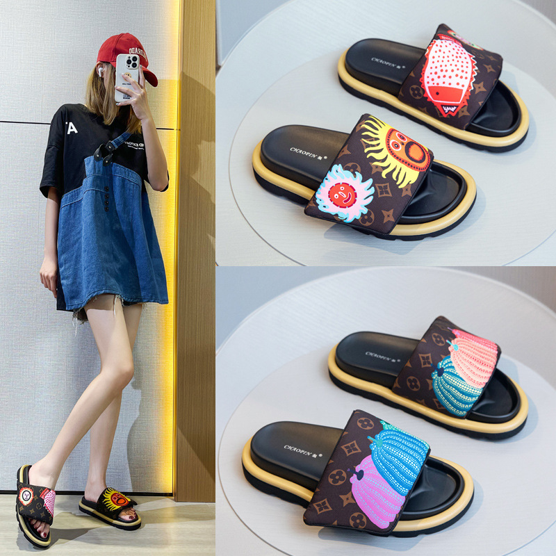 2025 New Cartoon Graffiti Slippers with Velcro, Pumpkin Sunflower Women's Sandals, Thick-Soled Outdoor Women's Summer Shoes