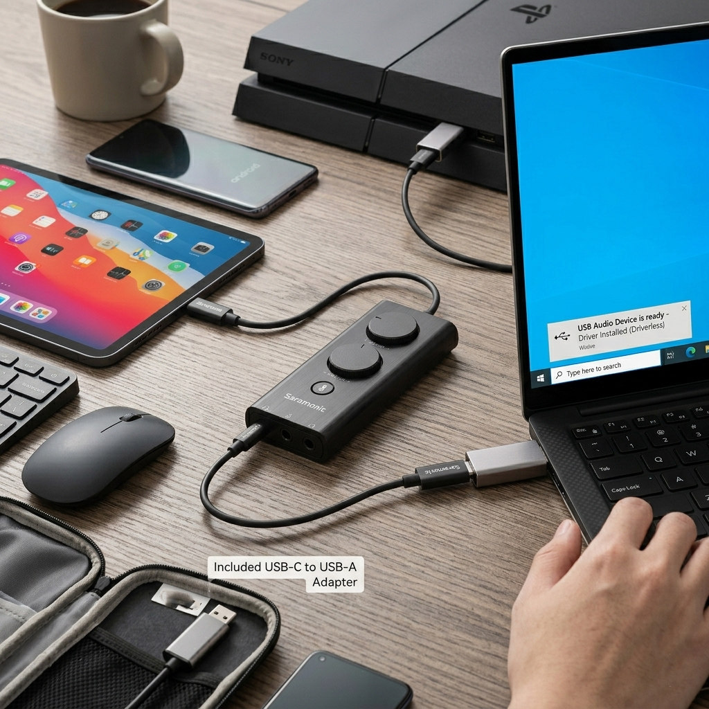 Saramonic SR-EA5降噪外置声卡怎么选？硬件降噪旋钮一键过滤键盘声/风扇噪音，手机电脑PS4直播K歌游戏免驱音频适配器推荐