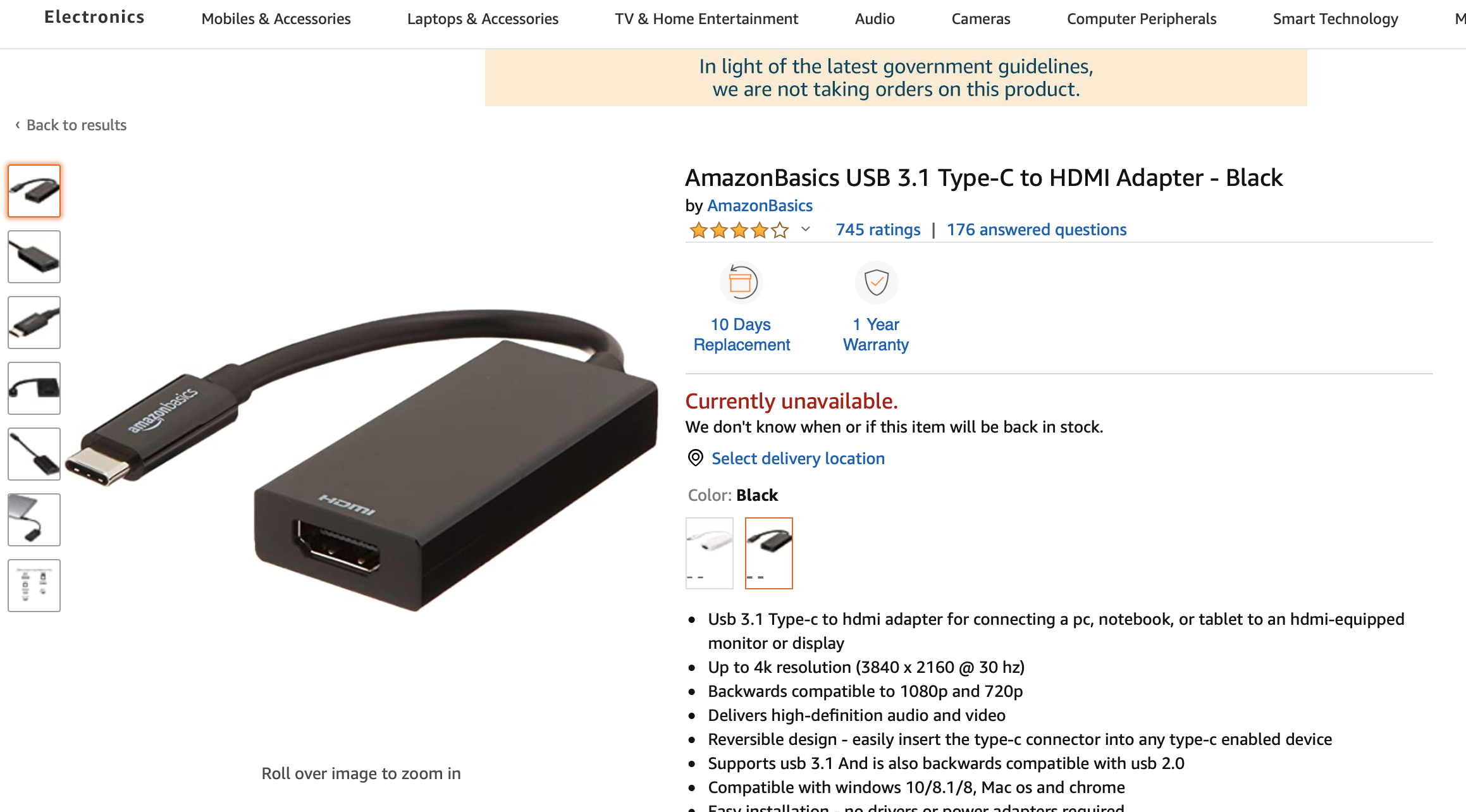 亚马逊倍思AmazonBasics USB 3.1 Type-C to HDMI Adapter Black 转换器