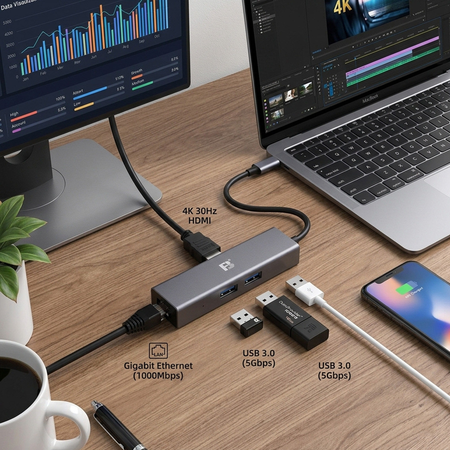 亚信AX88179A Type-C扩展坞千兆网口转换器 免驱适用苹果MacBook Pro/Air笔记本iPad华为手机平板连接电视4K投影USB3.0多功能分线器