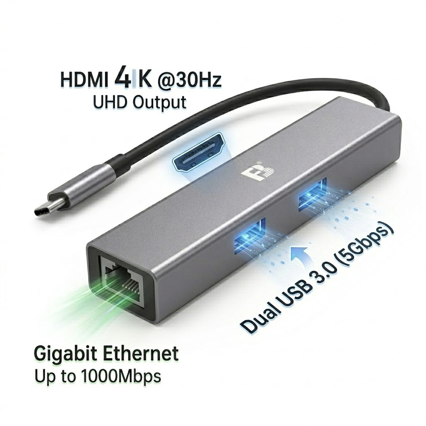 亚信AX88179A Type-C扩展坞千兆网口转换器 免驱适用苹果MacBook Pro/Air笔记本iPad华为手机平板连接电视4K投影USB3.0多功能分线器