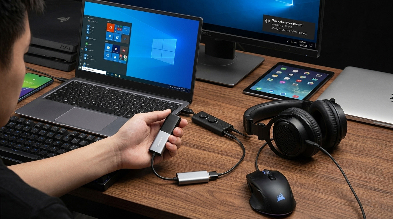 Saramonic SR-EA5降噪声卡-45dB硬件主动降噪 双耳机监听，手机/电脑/PS4/Switch通用USB-C外置声卡（Noise Reduction, Mute, Volume Control）