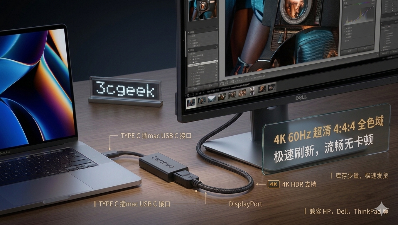 全新适用于联想 Lenovo USB-C to DisplayPort 转接线Adapter CYPD2119-01 4X90Q93303 03X7204 3840*2160 4K 60hz SC10L66918
