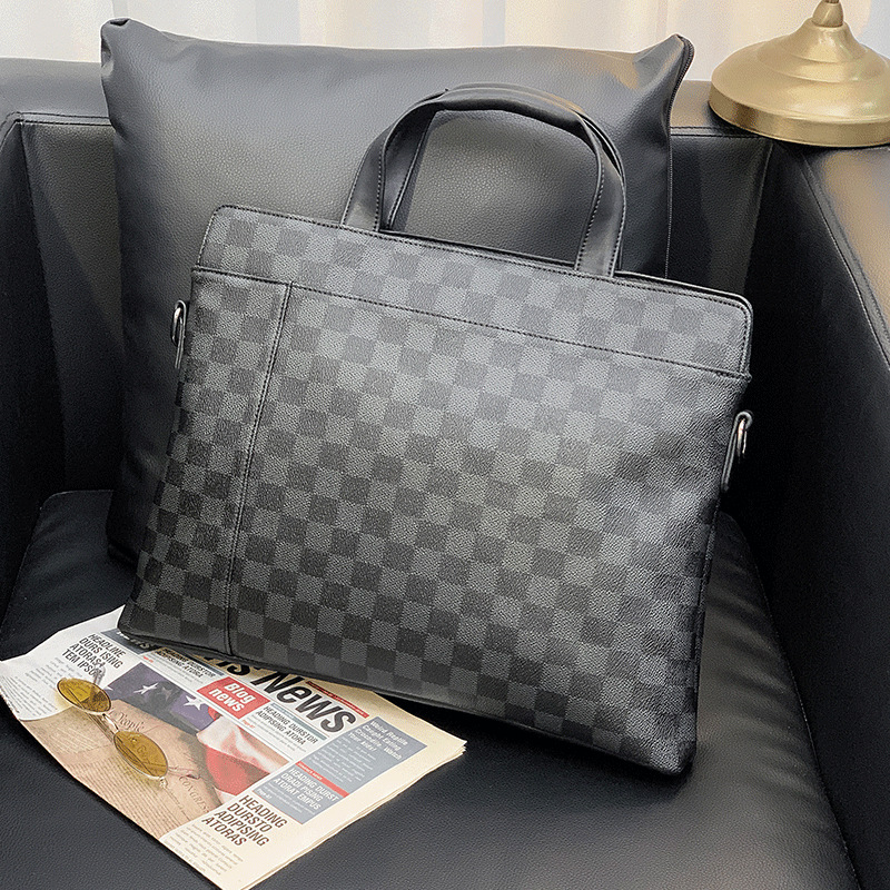 Grid Briefcase Single Shoulder Cortex Carry-on Satchel Sloping Leather Light Business Casual Business Travel Documents Bag Computer Bag