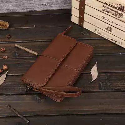 2021 new men's handbag clutch envelope crazy horse PU soft leather casual clip bag retro men's bag large capacity