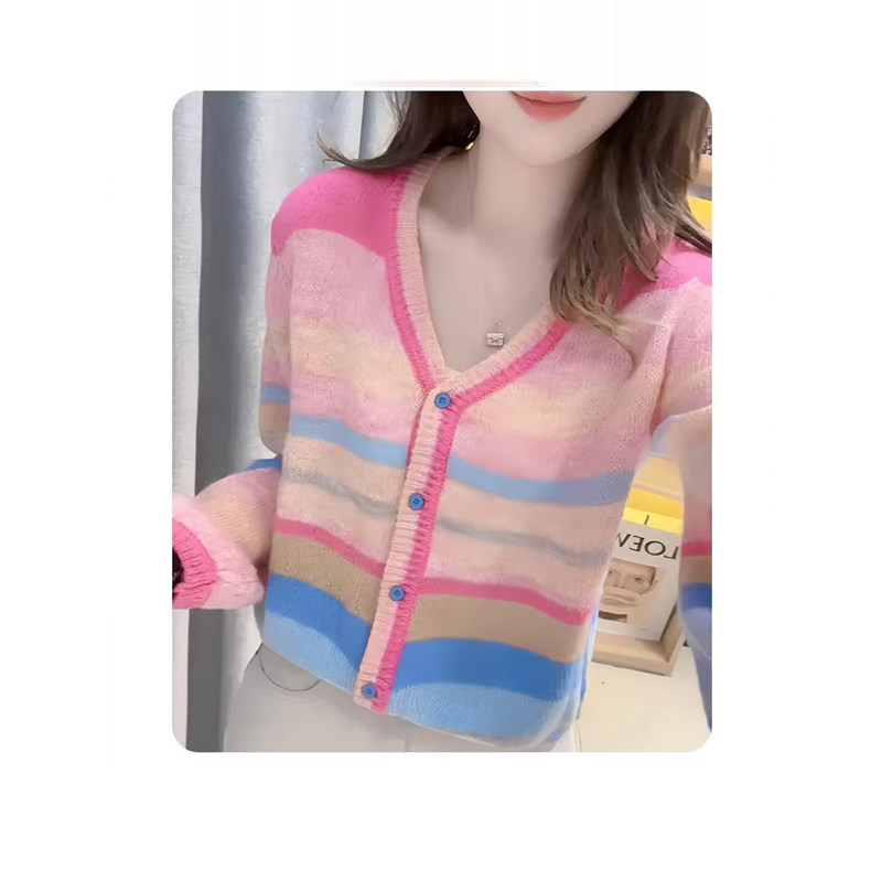 Korean Style Lazy Simple Knitted Cardigan for Women 2026 Summer New Rainbow Loose Dopamine Hot-Selling Striped Sweater