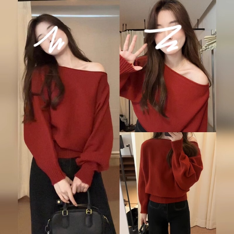 One-Shoulder Red Knitted Sweater for Women 2025 New Year Outfit Unique and Super Pretty Autumn and Winter Off-Shoulder Top