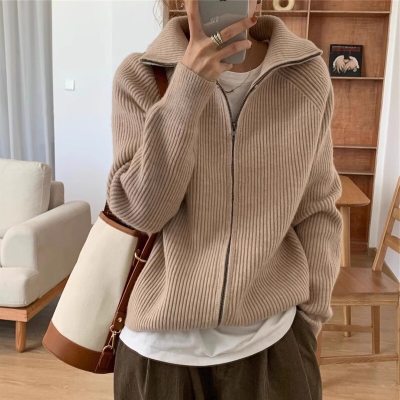 Spring and Autumn Lazy Style High-Neck Thick Knitted Cardigan Korean Style ins Zipper Design Niche Lapel Sweater for Women Spring and Autumn Lazy Style High-Neck Thick Knitted Cardigan Korean Style ins Zipper Design Niche Lapel Sweater for Women