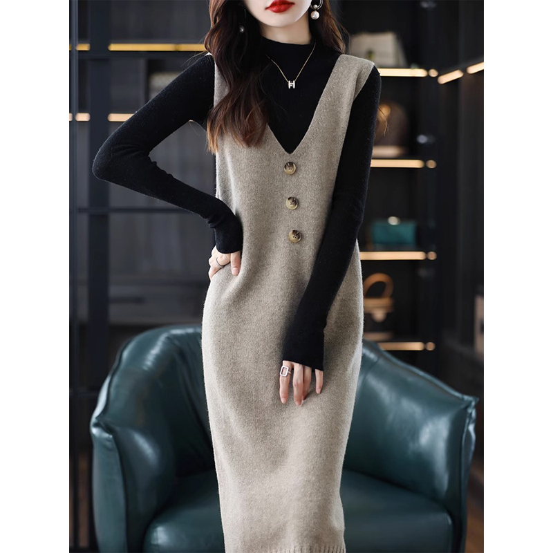 2025 Spring and Autumn V-Neck Dress Women's Vest Knitted Long Sweater Base Shirt Sweater Dress Sleeveless