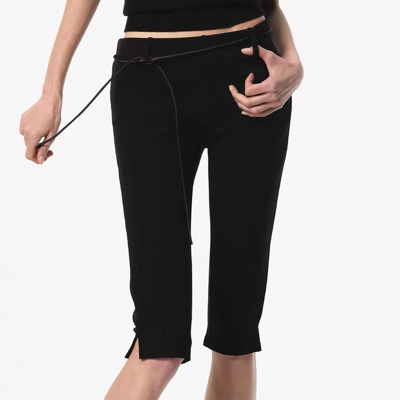 Capri Pants, Fashionable and Preferred, Mid-Waist, Stretchy, Slim-Fit, 7/8 Length Pants, Black, Side Slit, Slimming Capri Pants