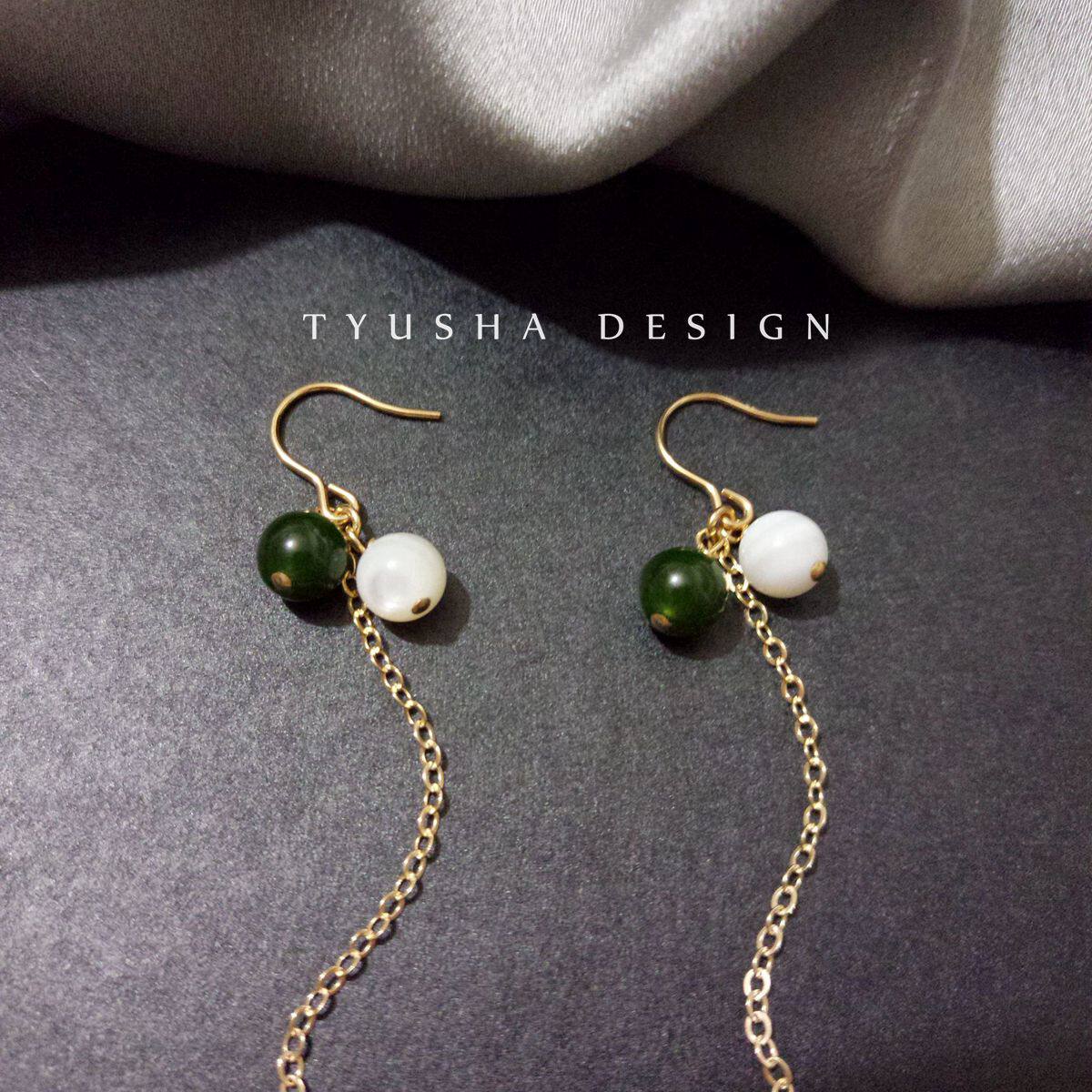 TYUSHA design imported 14K package gold injection gold natural jasper white butterfly shellfish long chain earrings non-fading hypoallergenic