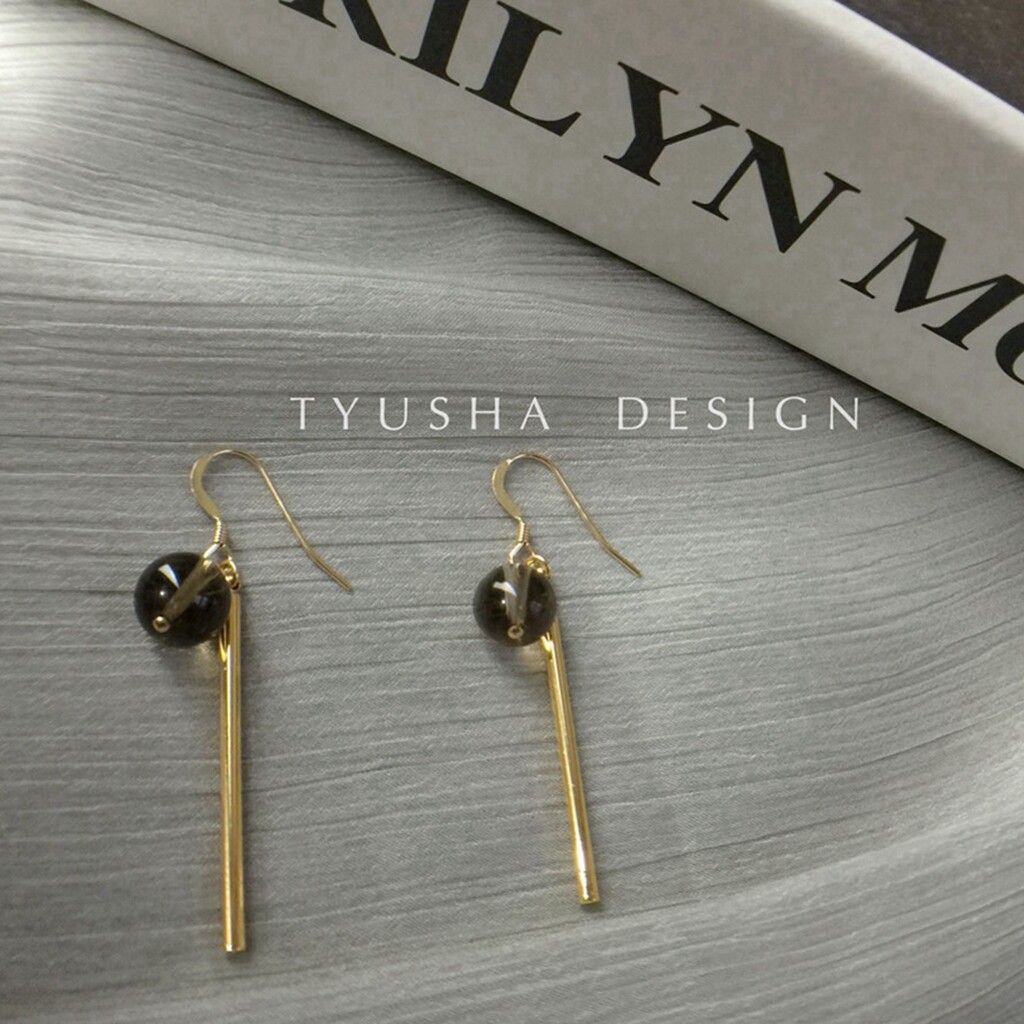 TYUSAH Design Natural Tea Crystal US Imports 14k Note Gold Baugold Geometric Strip Long Stick Earrings Earrings