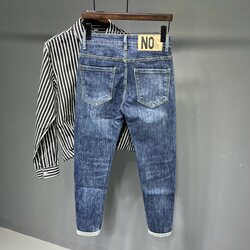 Jeans for men spring and autumn new high-end trendy blue slim-fitting small-leg pants trendy brand Korean version stretch retro nine-point pants