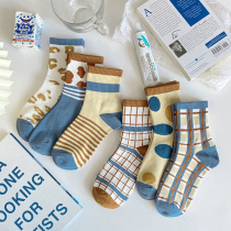 Nuts mommy BAO WEN socks womens tide spring and autumn summer Korean Japanese blue striped lattice socks