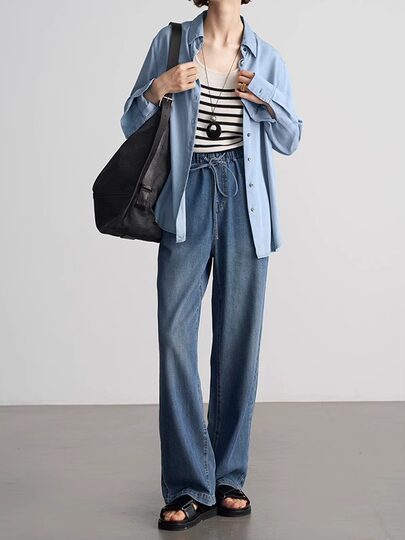 Anna Is a Straightforward Protagonist. Lyocell Drapey Elastic Waist Tie-Up Floor-Length Straight-Leg Jeans for Women, Versatile for Summer