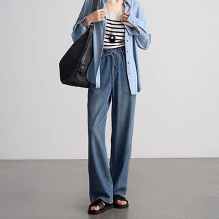 Anna Is a Straightforward Protagonist. Lyocell Drapey Elastic Waist Tie-Up Floor-Length Straight-Leg Jeans for Women, Versatile for Summer