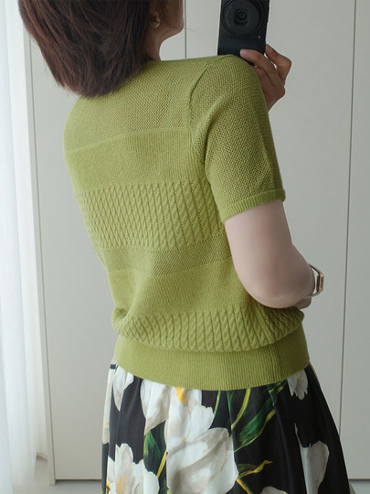 Anna Rejuvenation Fireworks World Linen Cotton Cable Pick-Hole Knitted Round Neck Solid Color Short Sleeve Literary Commuting Whitening