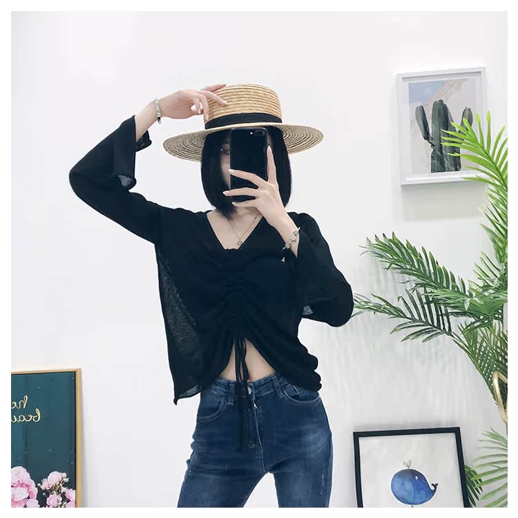 Mùa hè 2018 phiên bản Hàn Quốc mới của áo cổ chữ V hoang dã lụa dài tay áo len dây rút dây buộc phần mỏng điều hòa không khí nữ áo len nữ form rộng