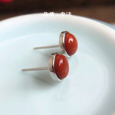 Серьги 吾欢喜纯银饰天然南红耳钉圆形银色红豆简约精致中国风女款