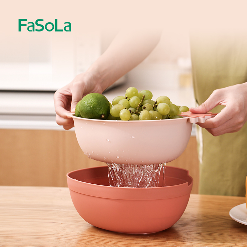 Japan Fasola Double Layer Drain Basket Fruit Pan Wash Vegetable Basin Kitchen Home Living Room Large Number Fruit Basket Vegetable Basket