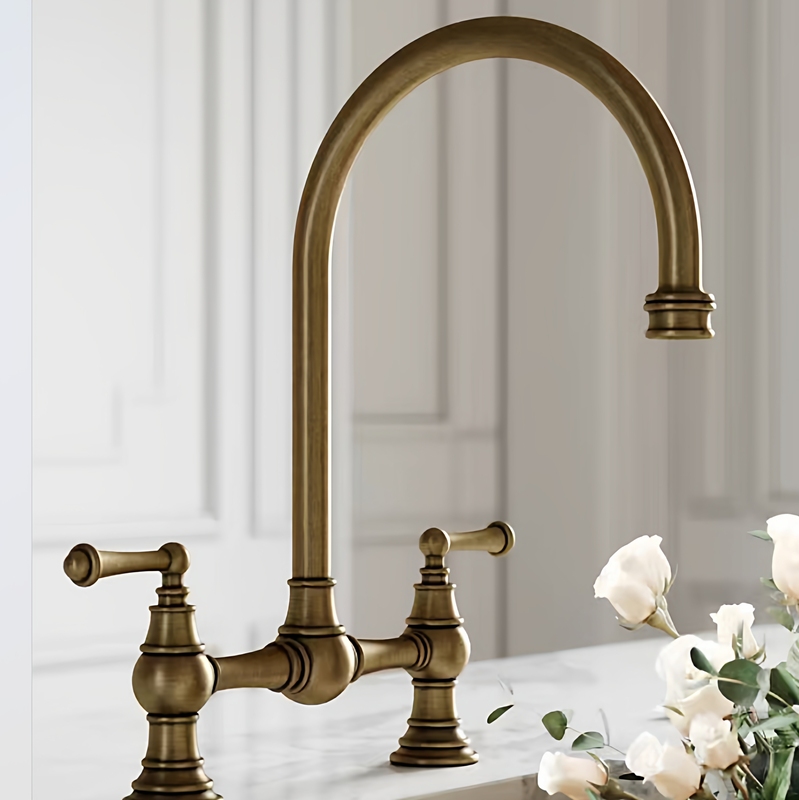 Antique French-Style Retro All-Copper Kitchen Bridge Faucet Hot and Cold Faucet with Two Holes