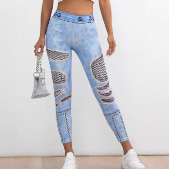 ຂະຫນາດໃຫຍ່ຮ້ອນຂາຍ imitation denim ຕໍາແຫນ່ງພິມ leggings ແມ່ຍິງ sexy ໃກ້ຊິດ fishnet butterfly stripe ເກົ້າຈຸດ pants ສໍາລັບແມ່ຍິງ