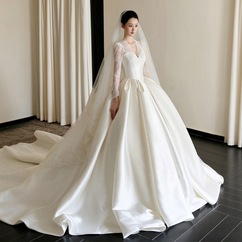 Long-Sleeved Satin Main Wedding Dress 2026 New Style Bride French V-Neck Vintage High-End Texture Light Luxury Trailing Veil
