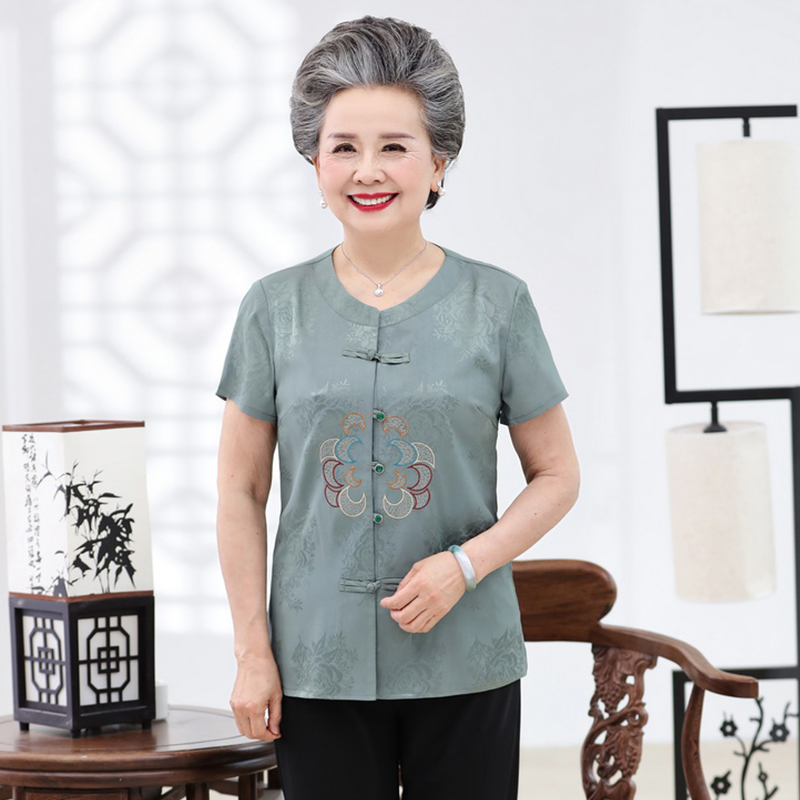 Trung niên lớn tuổi phụ nữ gió của Trung Quốc ngắn tay vòng cổ 2019 mới granny áo cũ người đàn ông quần áo cũ người phụ nữ hàng đầu