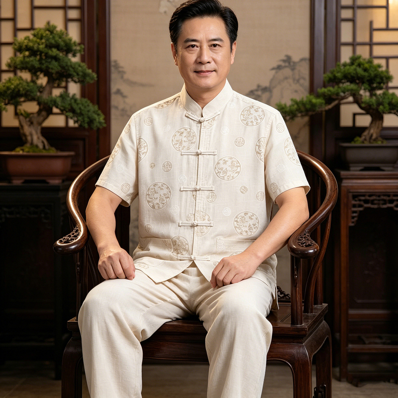 Chinese Style Dad's New Chinese-Style Men's Short-Sleeved Suit Clothes for Middle-Aged and Elderly People Tang Suit Men's Shirt Grandpa Outfit Summer