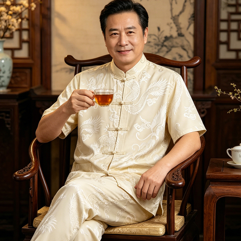 Chinese Style Summer Short-Sleeved Tang Suit for Men, Dad's Outfit, Chinese-Style Mulberry Silk, Middle-Aged and Elderly Men's Silk Satin Shirt