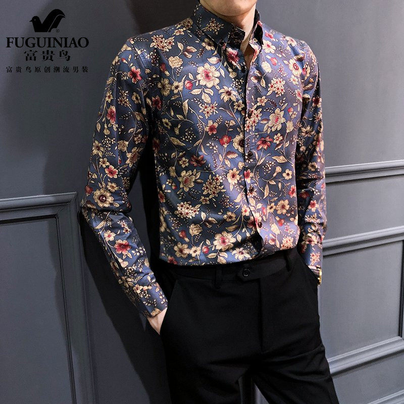 Fugui bird spring autumn crushed floral shirt men's long sleeves fit Korean version Trend printed casual high-end business shirt man