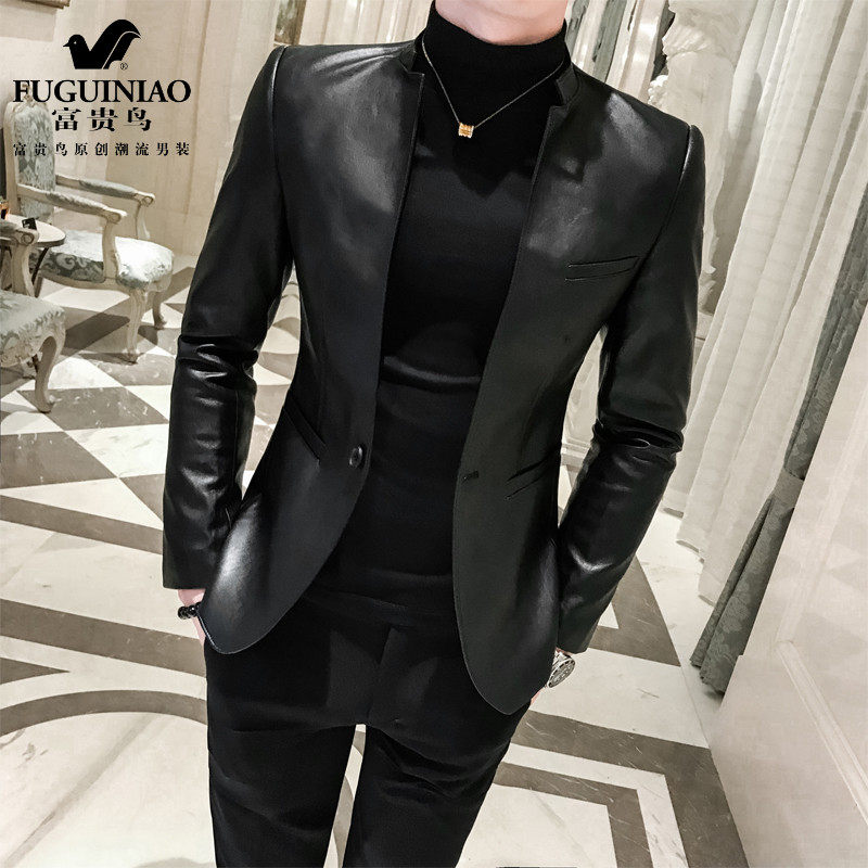 Fugui bird autumn winter new leather coat jacket male and Korean version trend handsome suit with small suit jacket thickened