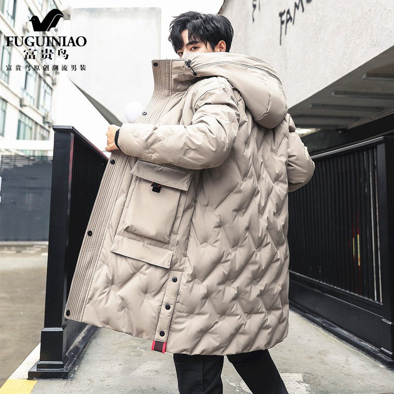 Fugui bird 2021 Winter new medium long version down jacket for men's Korean version Trend thickened cotton padded jacket with cap jacket
