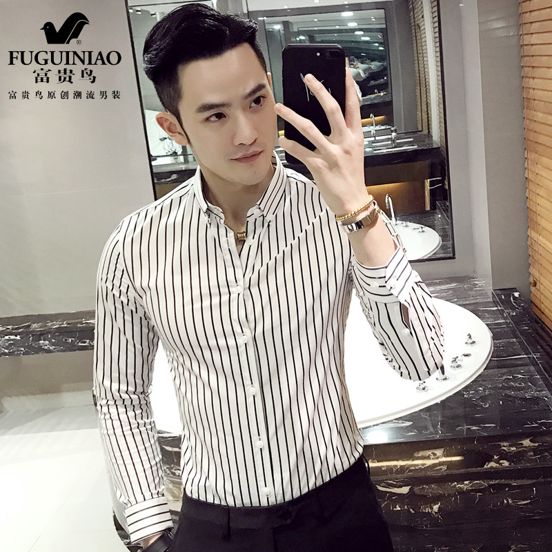 Fugui bird men's striped long sleeve shirt Korean version trend to fix the bottom thickened suede shirt 2021 spring new