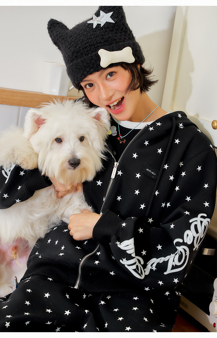 BJHG Star Print Zip-Up Hoodie