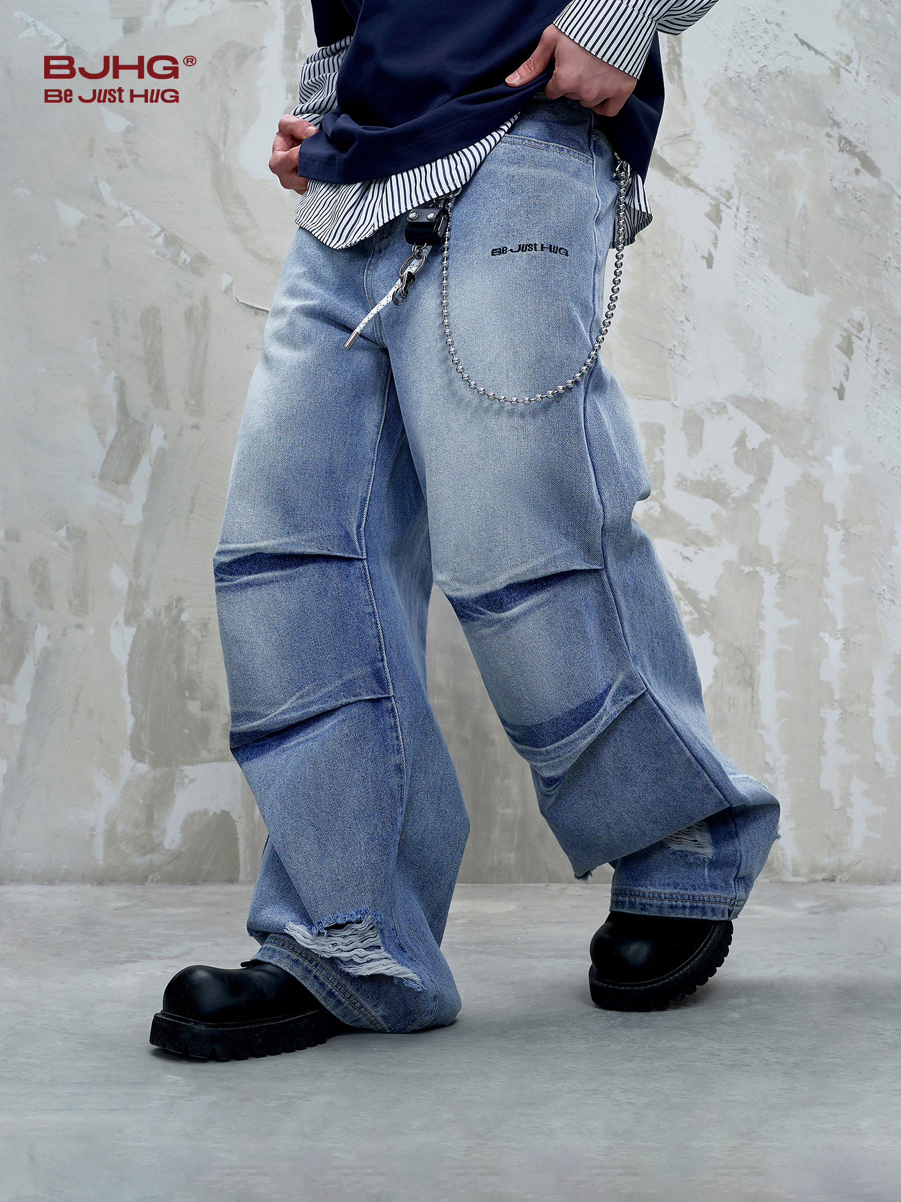 Bjhg Reckless American-Style Straight-Leg Vintage Jeans for Men, Autumn and Winter Street Style, Cool Workwear Paratrooper Pants