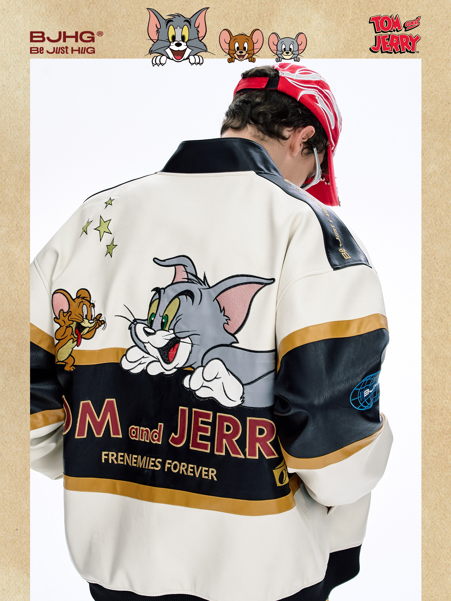 [Tom and Jerry Collaboration] Bjhg Reckless Vintage Leather Jacket for Men, Niche Racing Suit with Leather Inserts for Women