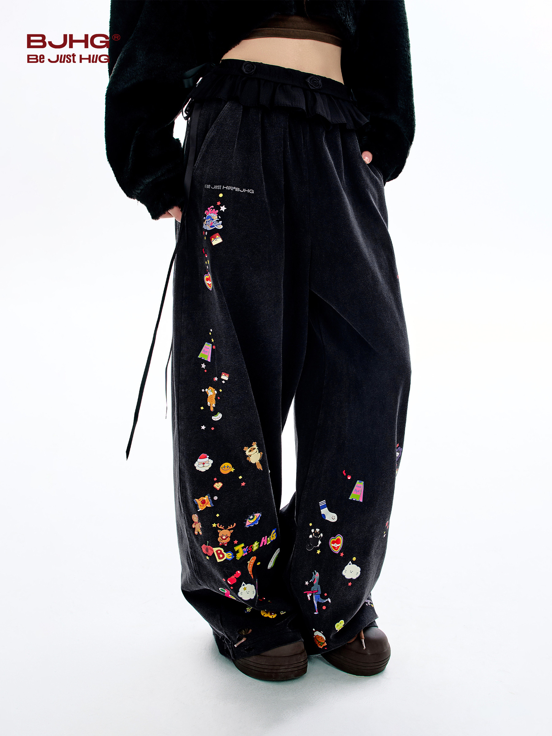 Bjhg Reckless Fun Illustration Casual Pants Women's Autumn Design Pure Cotton Wide-Leg Sports Sweatpants Women