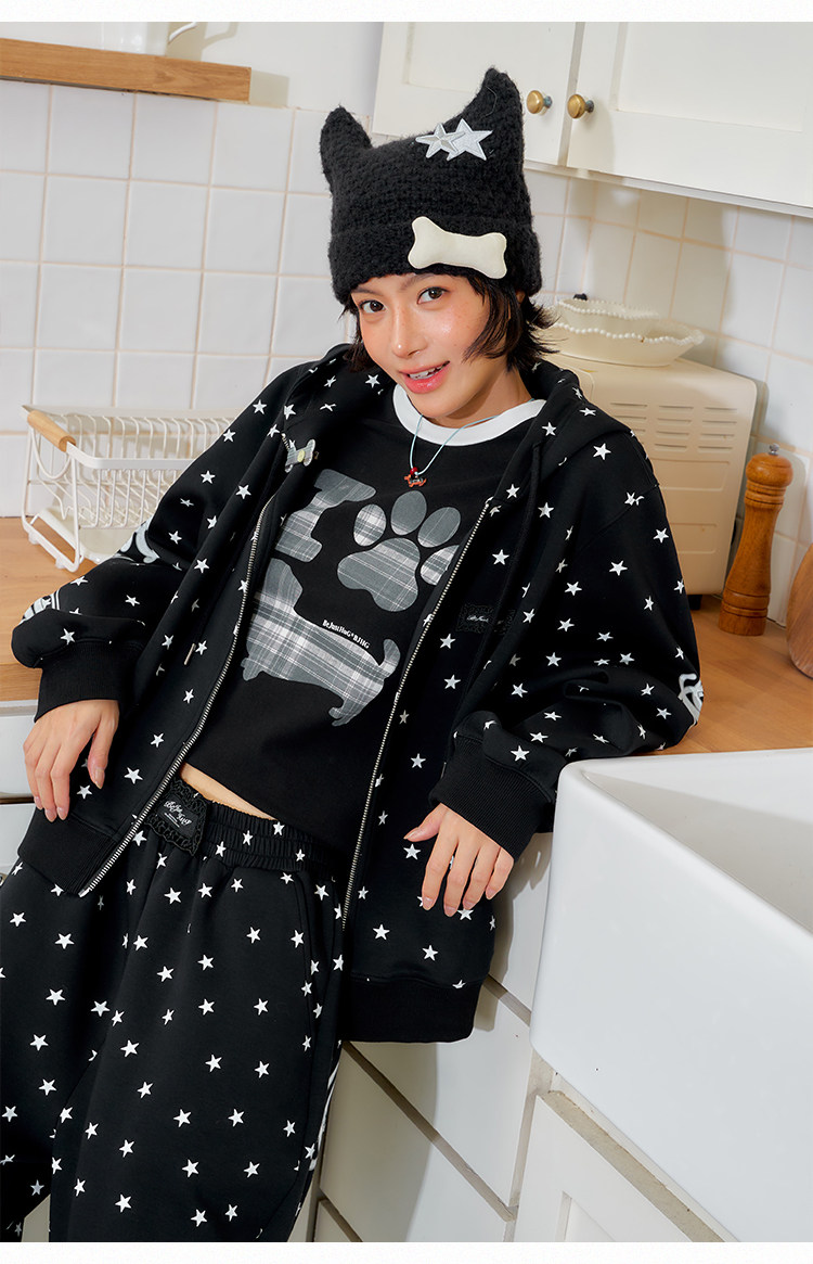 BJHG Star Print Zip-Up Hoodie