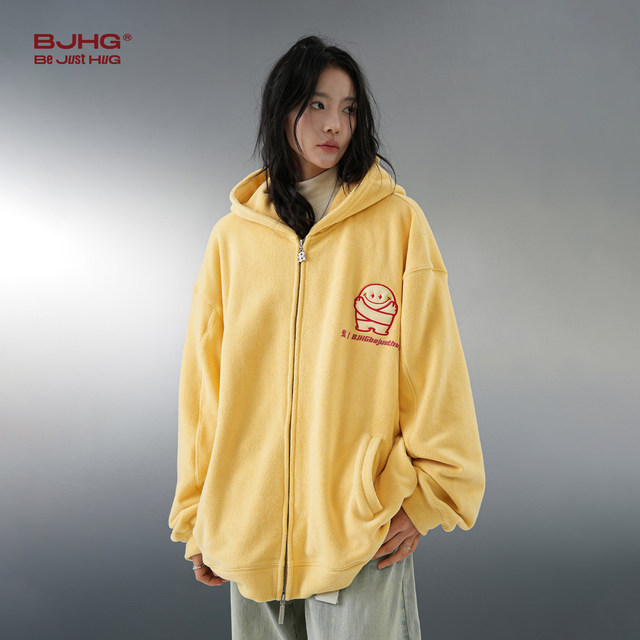 BJHG ອາເມລິກາ polar fleece hooded sweatshirt ຜູ້ຊາຍ trendy ຍີ່ຫໍ້ oversize cardigan ຄູ່ jacket
