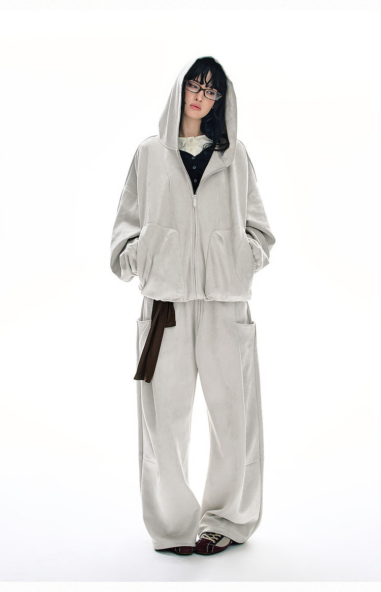 BJHG Faux Suede Hooded Zip-Up Sweatshirt