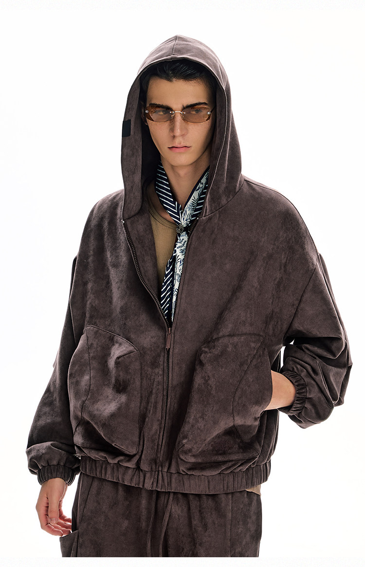 BJHG Faux Suede Hooded Zip-Up Sweatshirt