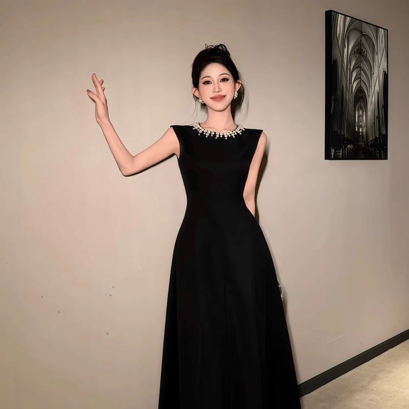 9791 French-Style Elegant Black Dress for Women, Hepburn-Style Designer Long Dress, Light Luxury Evening Gown