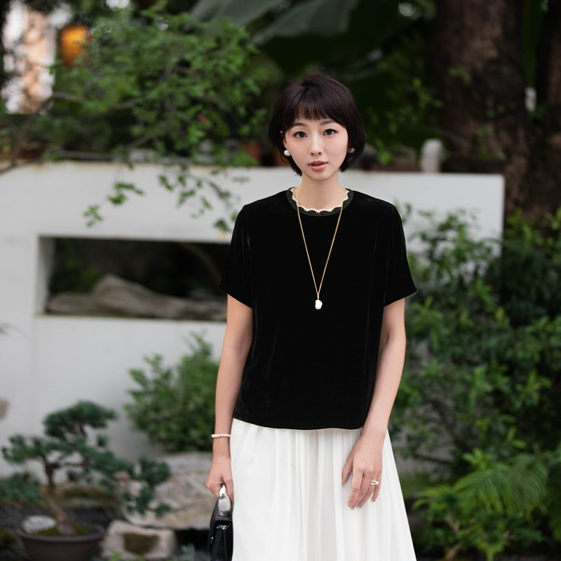 Petite Black 48-Silk Mulberry Silk Velvet Top for Women, Short-Sleeved with Ruffled Collar, New Versatile Slim-Fit Women's Clothing