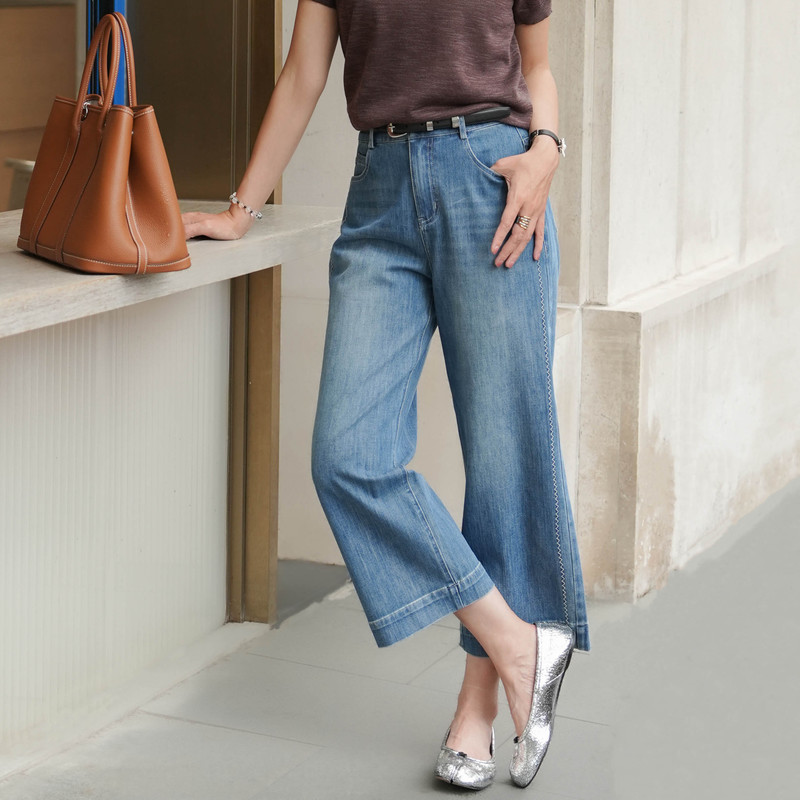 Chongmi Blue Embroidered Straight-Leg Casual Jeans for Women 2026 Summer New Fashion Long Pants M1K01924C