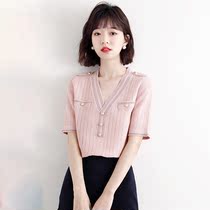  Sandro Svpr ice silk short-sleeved T-shirt womens 2021 summer new thin V-neck all-match hollow sweater