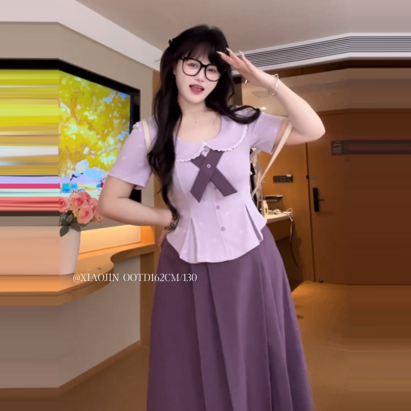 Plus-Size Korean-Style College-Style Purple Doll-Collar Shirt for Women, Summer High-Waisted Purple Lace Skirt Set for Plus-Size Women